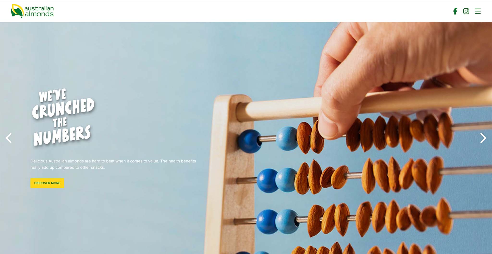 Australian Almonds "we've crunched the numbers" website photography.