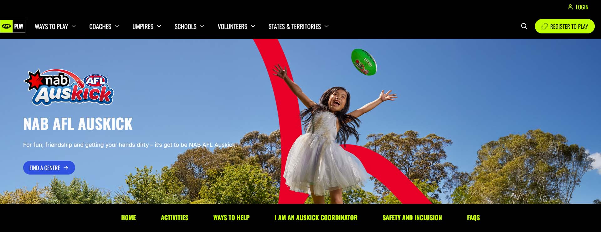 Auskick campaign photography with young girl taking a mark in St Kilda park.