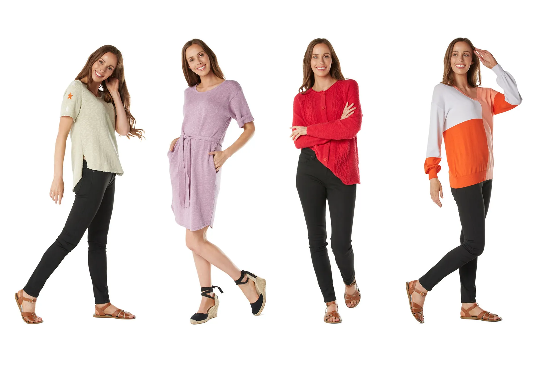 Ecommerce fashion photos of models for look books on white background in studio.