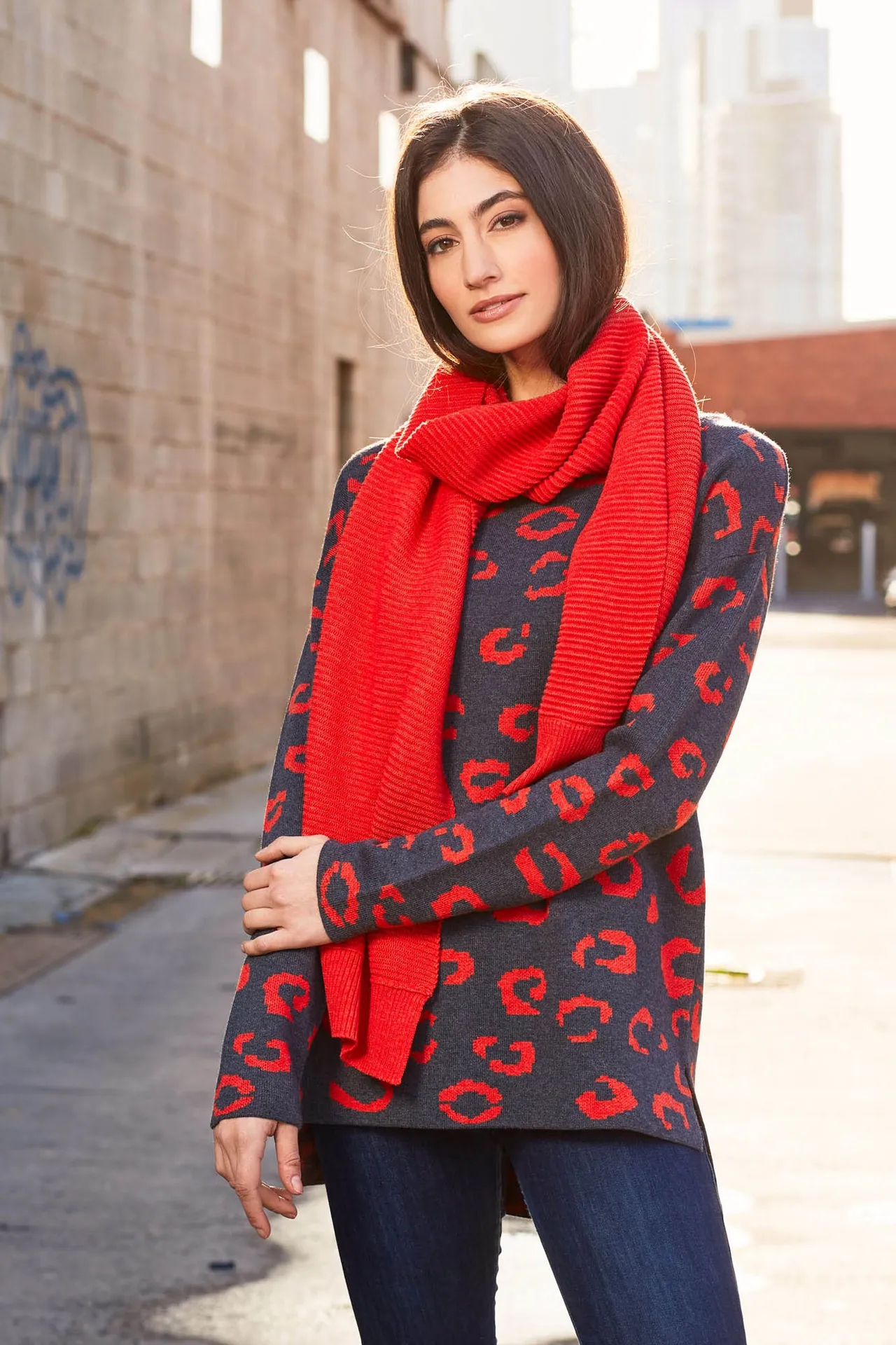 Fields knitwear model in South Melbourne laneway ecommerce photography.