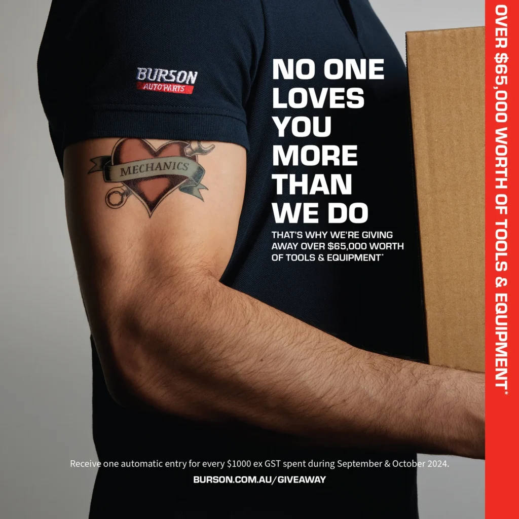 Burson Auto Parts man holding box campaign photography.